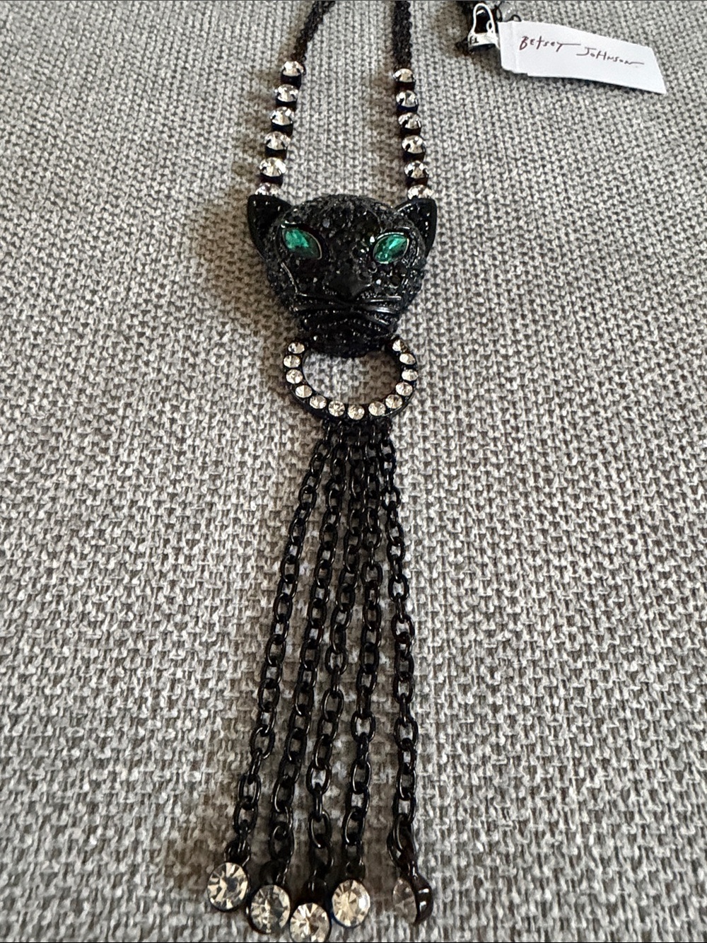 Betsey Johnson Black Panther Pendant Necklace with Green Eyes and Crystal Tassel - Picture 2 of 4